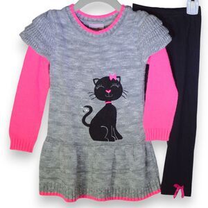3T Little Lass Sparkly Cat Soft Sweater and Sparkly Black Leggings Outfit Set